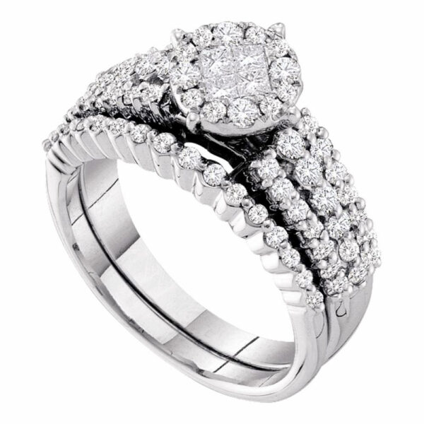 14kt White Gold Princess Diamond Bridal Wedding Ring Band Set 1 Cttw