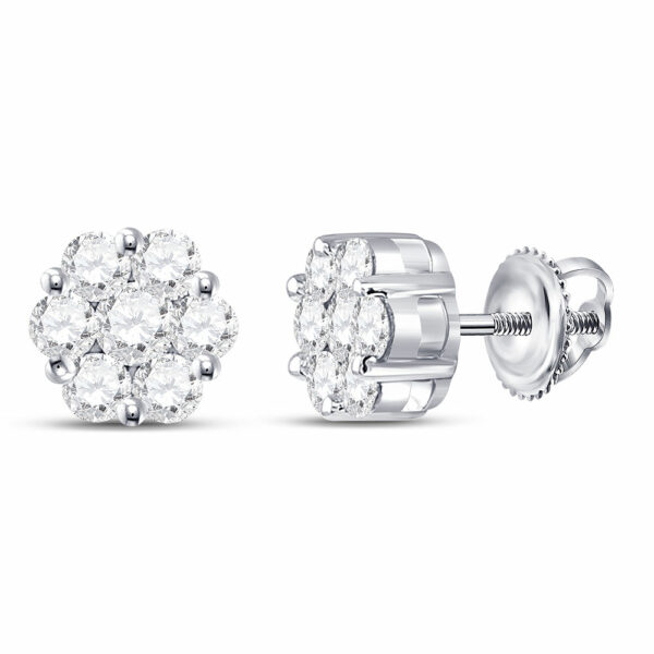 14kt White Gold Womens Round Diamond Flower Cluster Earrings 1 Cttw