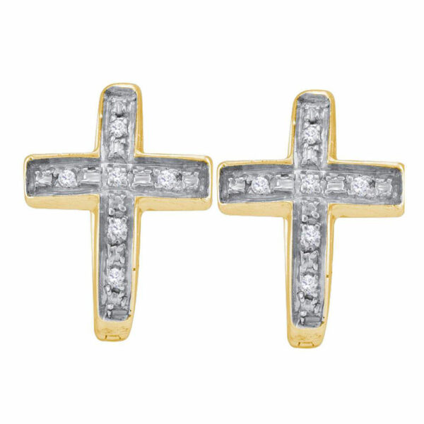 Yellow-tone Sterling Silver Womens Round Diamond Cross Huggie Hoop Earrings 1/20 Cttw