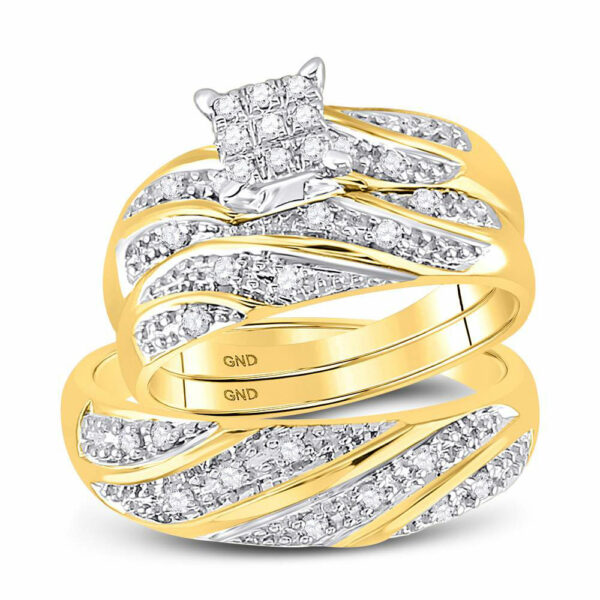 14kt Yellow Gold His Hers Round Diamond Square Matching Wedding Set 1/3 Cttw