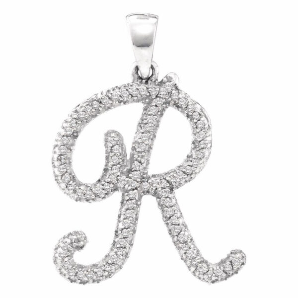 10kt White Gold Womens Round Diamond Cursive Letter R Pendant 1/5 Cttw