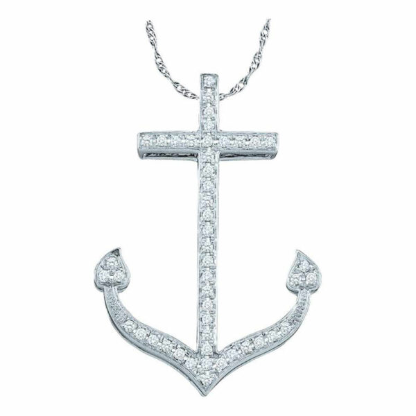 10kt White Gold Womens Round Diamond Anchor Nautical Pendant 1/6 Cttw