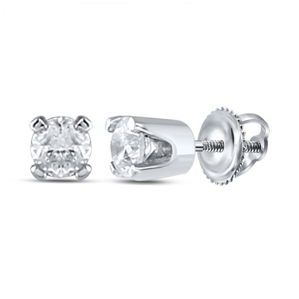 14kt White Gold Infant Girls Round Diamond Solitaire Earrings 1/20 Cttw