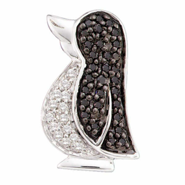 14kt White Gold Womens Round Black Color Enhanced Diamond Penguin Animal Pendant 1/4 Cttw