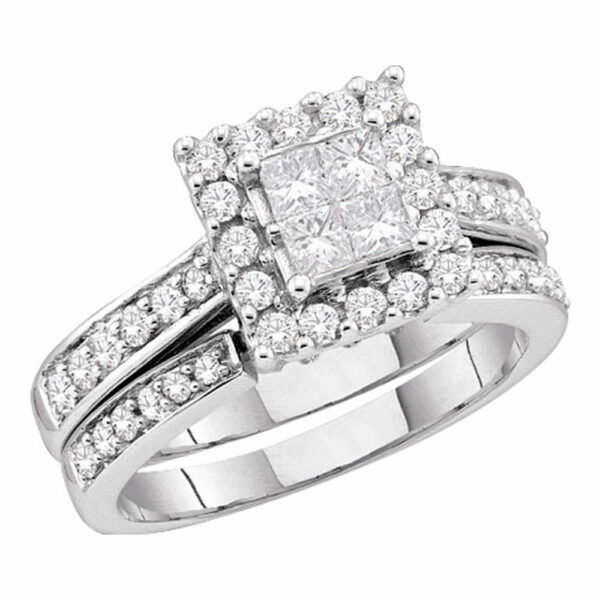 14kt White Gold Princess Diamond Halo Bridal Wedding Ring Band Set 1/2 Cttw