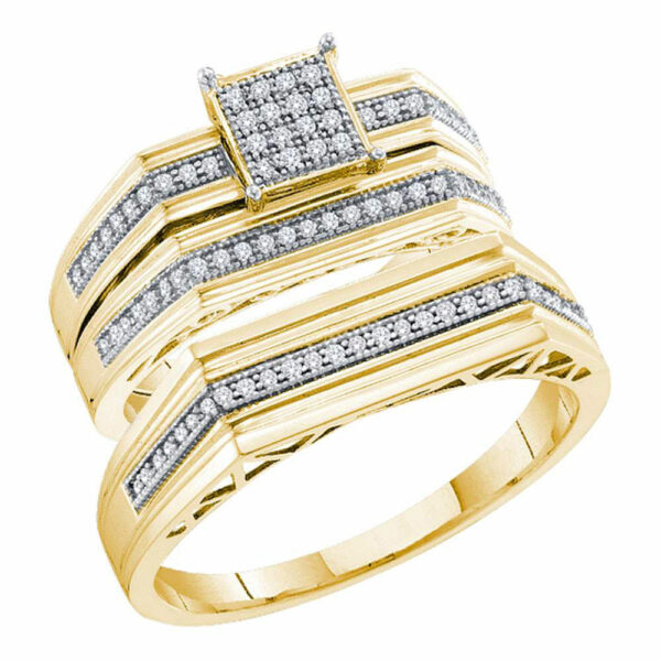 10kt Yellow Gold His Hers Round Diamond Square Matching Wedding Set 1/3 Cttw