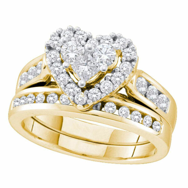 14kt Yellow Gold Princess Diamond Heart Bridal Wedding Ring Band Set 1 Cttw