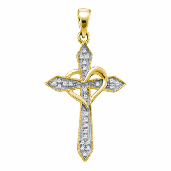 10kt Yellow Gold Womens Round Diamond Cross Heart Pendant 1/10 Cttw