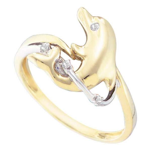 10kt Yellow Gold Womens Round Diamond Dolphin Animal Ring .03 Cttw