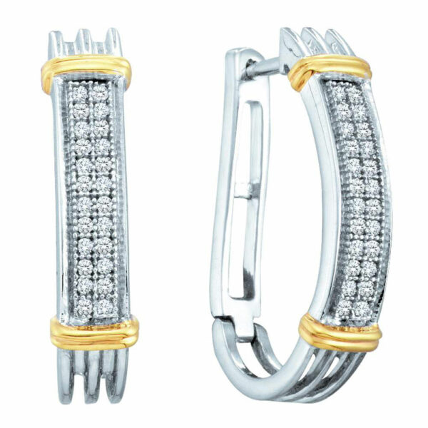 Two-tone Sterling Silver Womens Round Diamond Oblong Hoop Earrings 1/6 Cttw