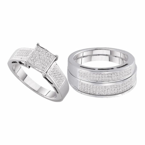 Sterling Silver His Hers Round Diamond Square Matching Wedding Set 5/8 Cttw