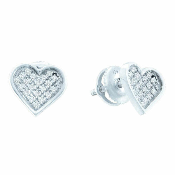 Sterling Silver Womens Round Diamond Heart Earrings 1/10 Cttw