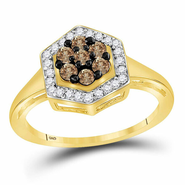 10kt Yellow Gold Womens Round Brown Diamond Polygon Cluster Ring 1/2 Cttw