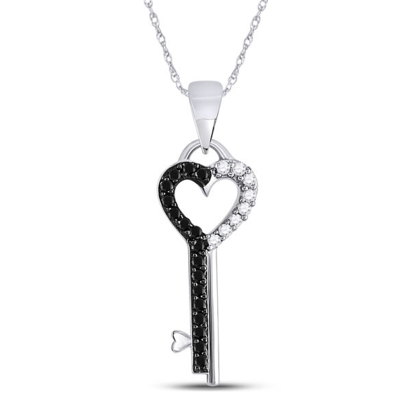 10kt White Gold Womens Round Black Color Enhanced Diamond Key Heart Pendant 1/8 Cttw