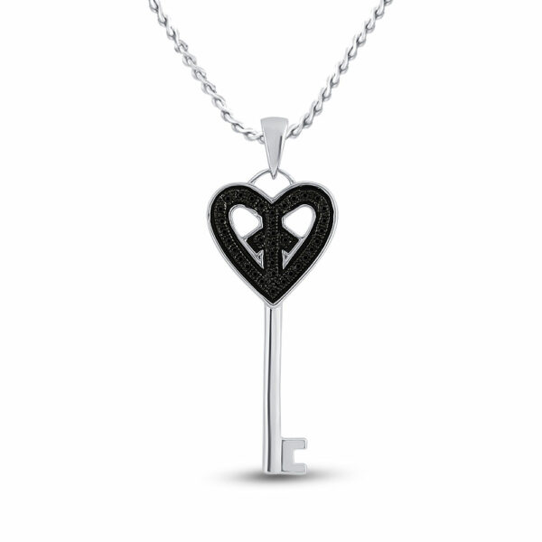 Sterling Silver Womens Round Black Color Enhanced Diamond Key Heart Pendant 1/10 Cttw