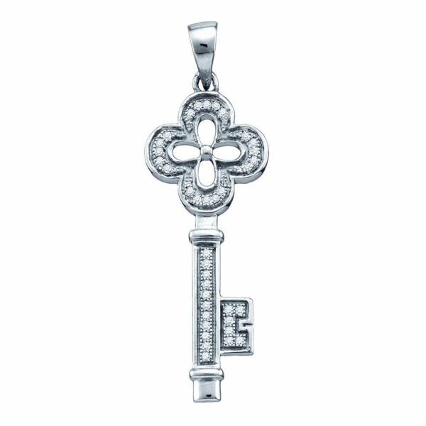 Sterling Silver Womens Round Diamond Quadrefoil Key Love Pendant 1/8 Cttw