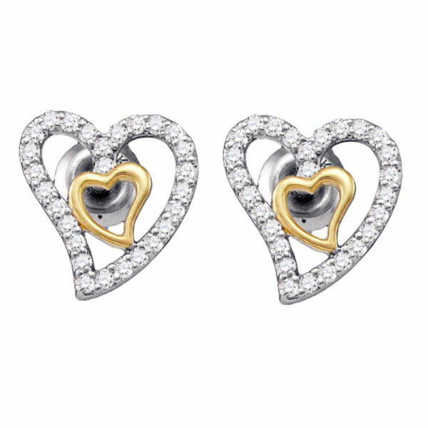 10kt White Gold Womens Round Diamond Heart Earrings 1/5 Cttw