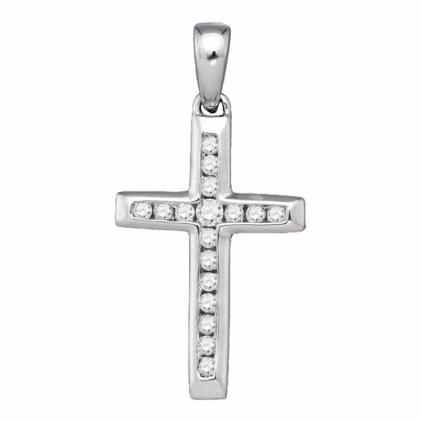 10kt White Gold Womens Round Diamond Small Cross Pendant 1/8 Cttw