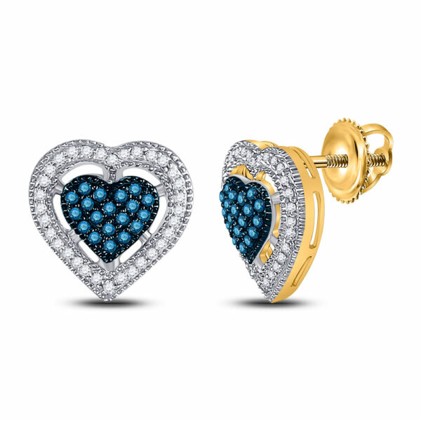 10kt Yellow Gold Womens Round Blue Color Enhanced Diamond Heart Earrings 3/8 Cttw