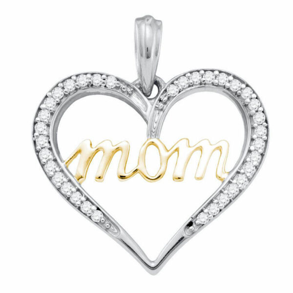 10kt Two-tone Gold Womens Round Diamond Heart Mom Mother Pendant 1/8 Cttw