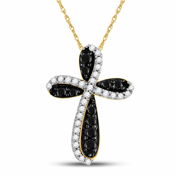 10kt Yellow Gold Womens Round Black Color Enhanced Diamond Cross Pendant 1 Cttw