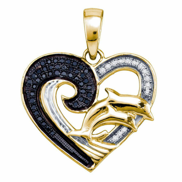 Yellow-tone Sterling Silver Black Color Enhanced Diamond Dolphin Heart Pendant 1/6 Cttw