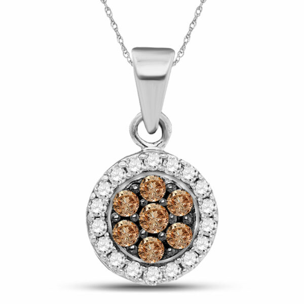 10kt White Gold Womens Round Brown Diamond Framed Flower Cluster Pendant 3/8 Cttw