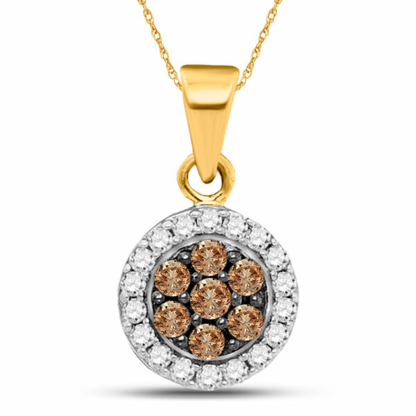 10kt Yellow Gold Womens Round Brown Diamond Framed Flower Cluster Pendant 3/8 Cttw