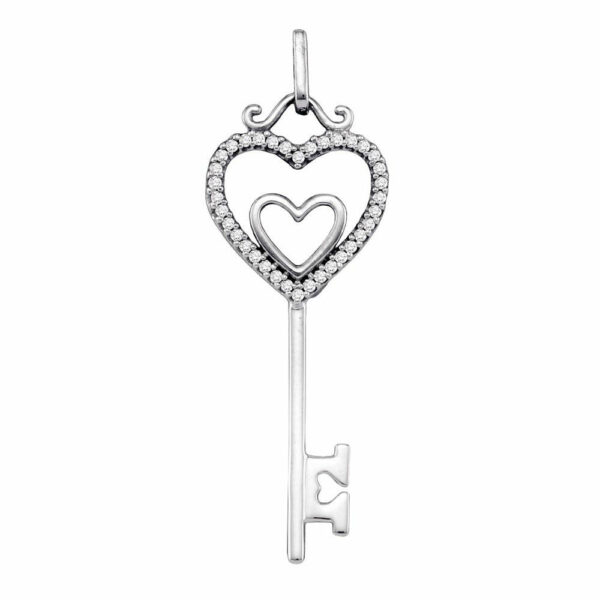 10kt White Gold Womens Round Diamond Heart Key Pendant 1/10 Cttw