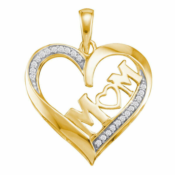 10kt Yellow Gold Womens Round Diamond Heart Mom Mother Pendant 1/12 Cttw