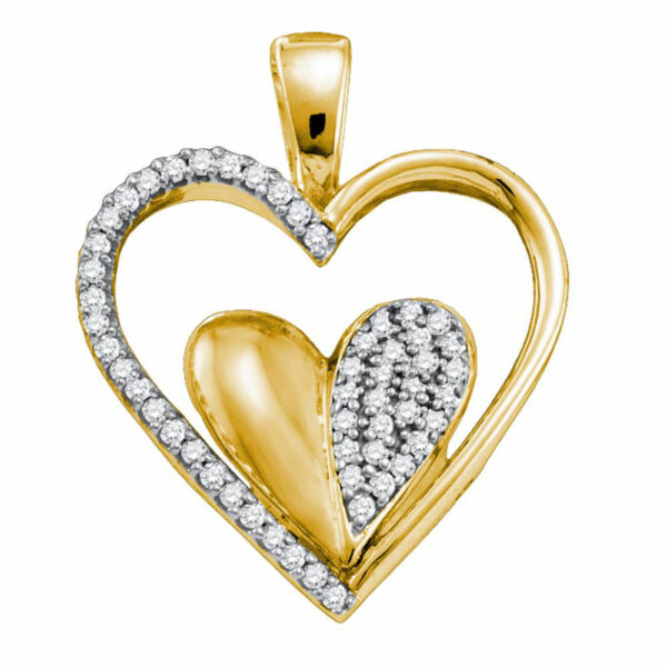 10kt Yellow Gold Womens Round Diamond Double Cradled Heart Pendant 1/5 Cttw