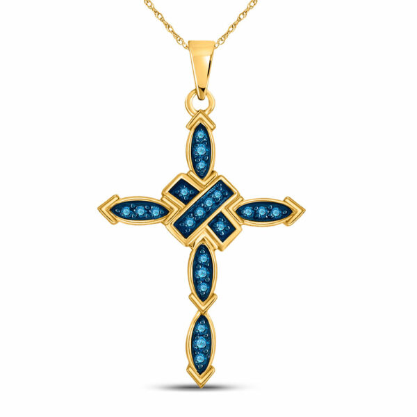 10kt Yellow Gold Womens Round Blue Color Enhanced Diamond Cross Pendant 1/5 Cttw