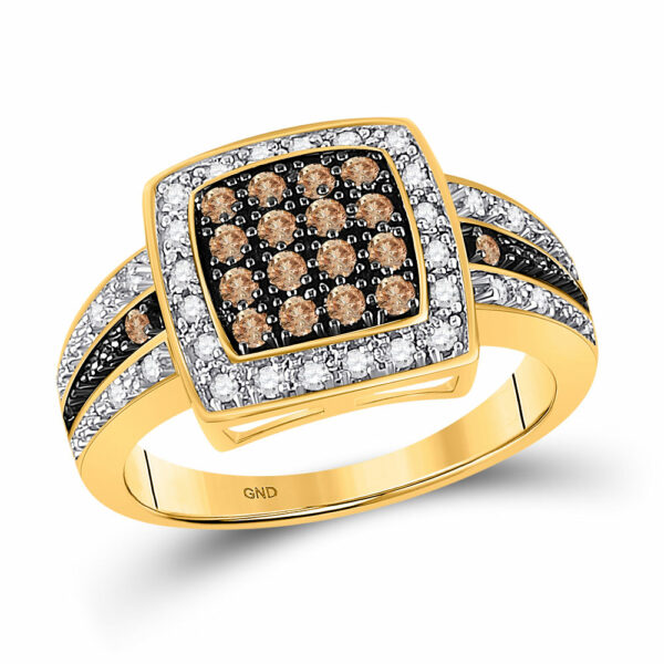 10k Yellow Gold Brown Diamond Womens Cluster Square-shape Cocktail Ring 1/2 Cttw