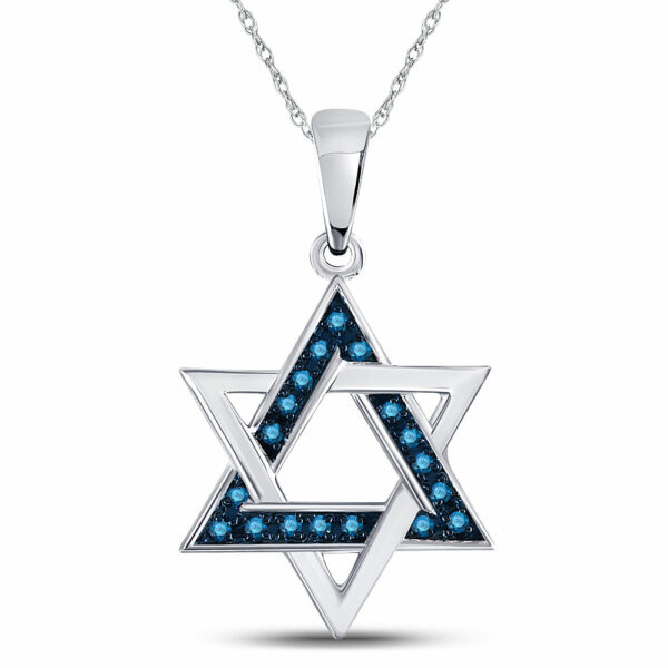 10kt White Gold Womens Round Blue Color Enhanced Diamond Magen David Star Pendant 1/10 Cttw