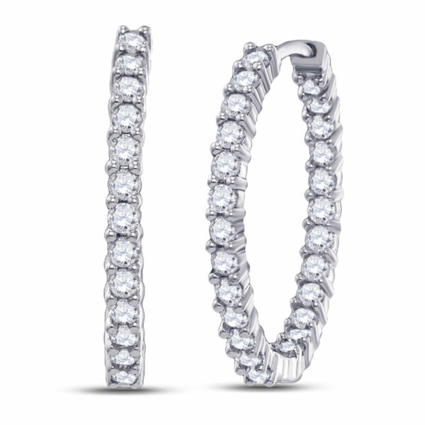 14kt White Gold Womens Round Diamond Inside Outside Hoop Earrings 3 Cttw