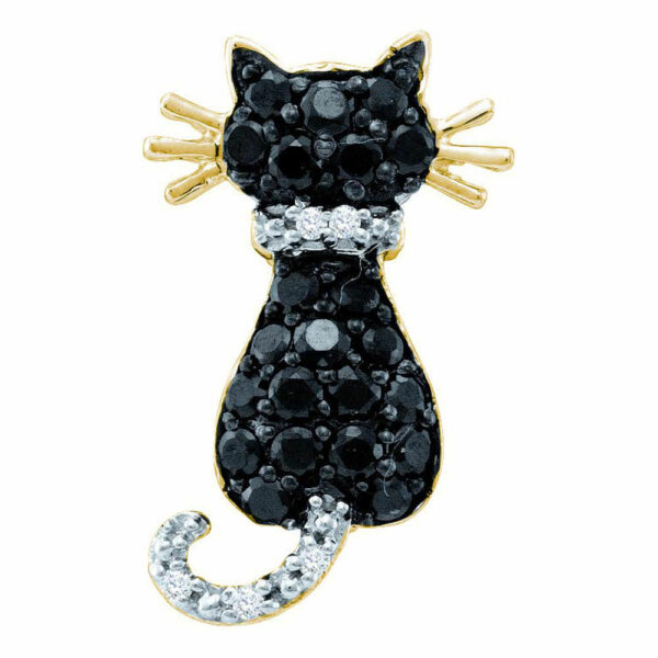 14kt Yellow Gold Womens Round Black Color Enhanced Diamond Kitty Cat Feline Pendant 1/3 Cttw