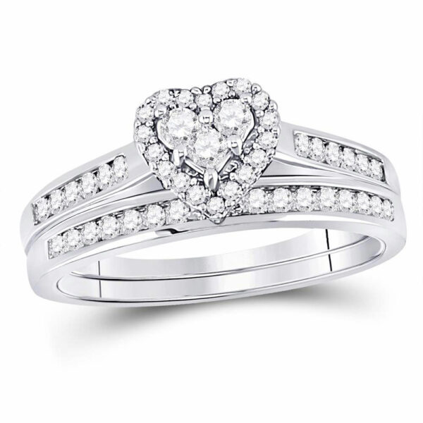 10kt White Gold Diamond Heart Bridal Wedding Ring Band Set 1/2 Cttw