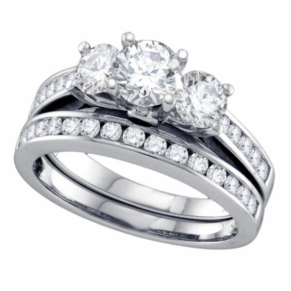 14kt White Gold Round 3-Stone Diamond Bridal Wedding Ring Band Set 2 Cttw