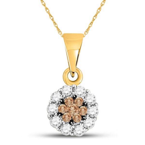 14k Yellow Gold Brown Flower Cluster Diamond Womens Pendant 1/4 Cttw