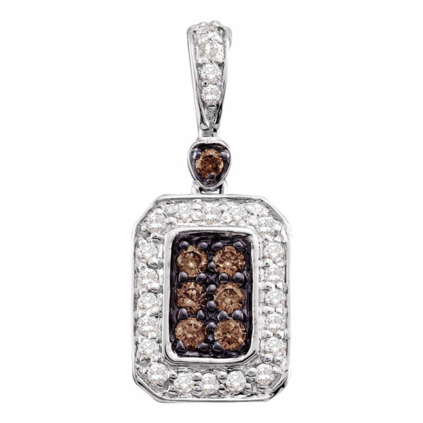 10kt White Gold Womens Round Brown Diamond Rectangle Cluster Pendant 1/4 Cttw