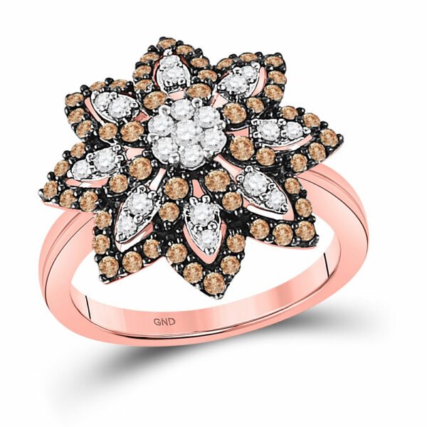 10kt Rose Gold Womens Round Brown Diamond Flower Cluster Ring 1 Cttw