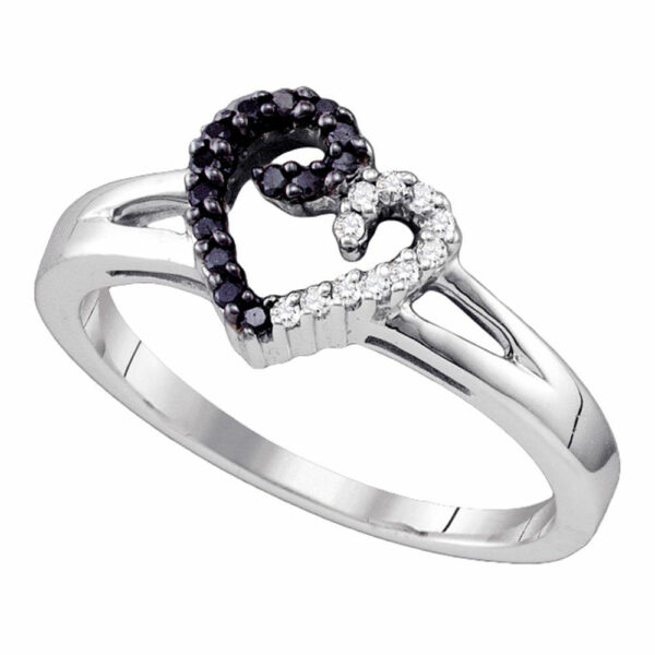 Sterling Silver Black Color Enhanced White Diamond Heart Ring 1/6 Cttw Size 8