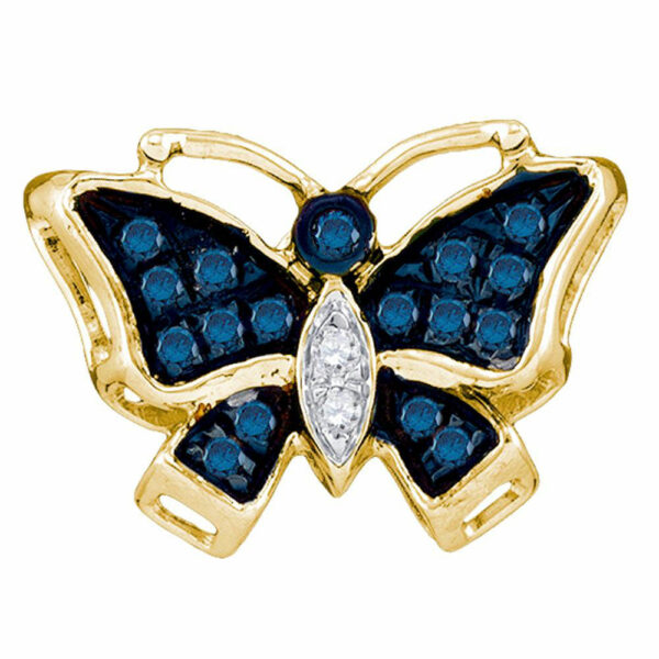 10kt Yellow Gold Womens Round Blue Color Enhanced Diamond Butterfly Bug Pendant 1/20 Cttw