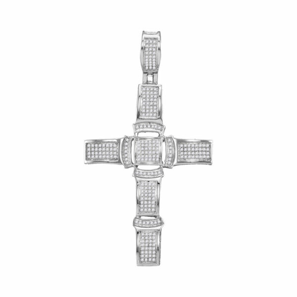 10kt White Gold Mens Round Diamond Segmented Cross Charm Pendant 1/2 Cttw