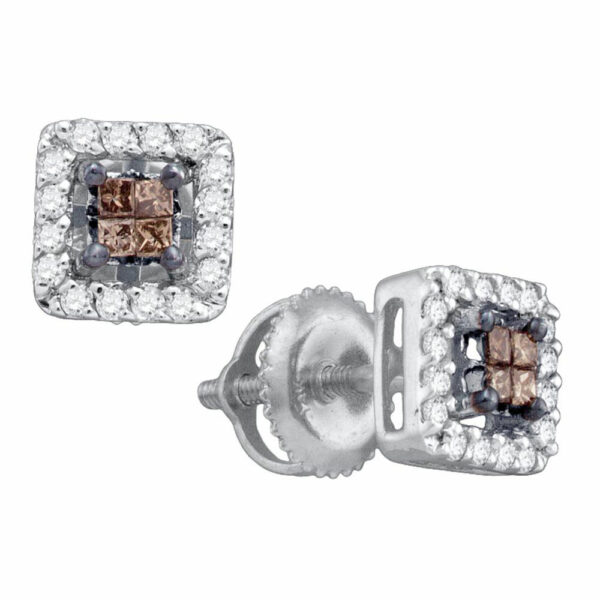 10kt White Gold Womens Princess Brown Diamond Square Earrings 1/3 Cttw