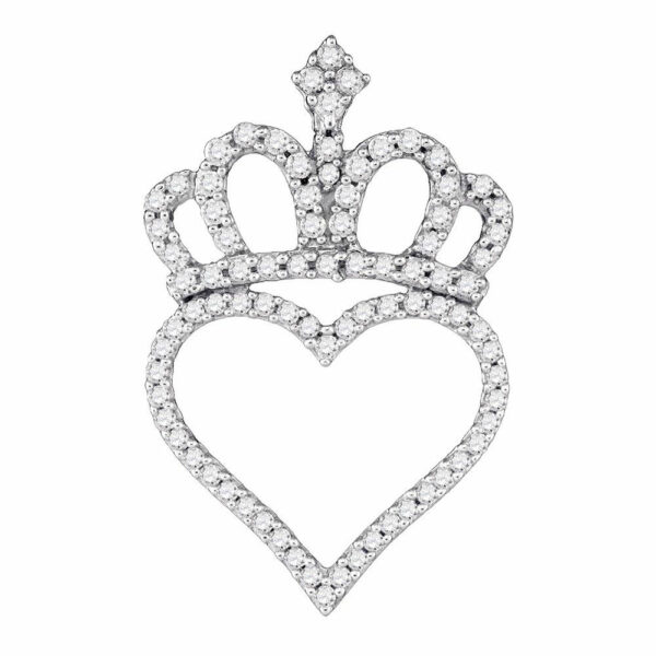 10kt White Gold Womens Round Diamond Crown Heart Pendant 1/3 Cttw