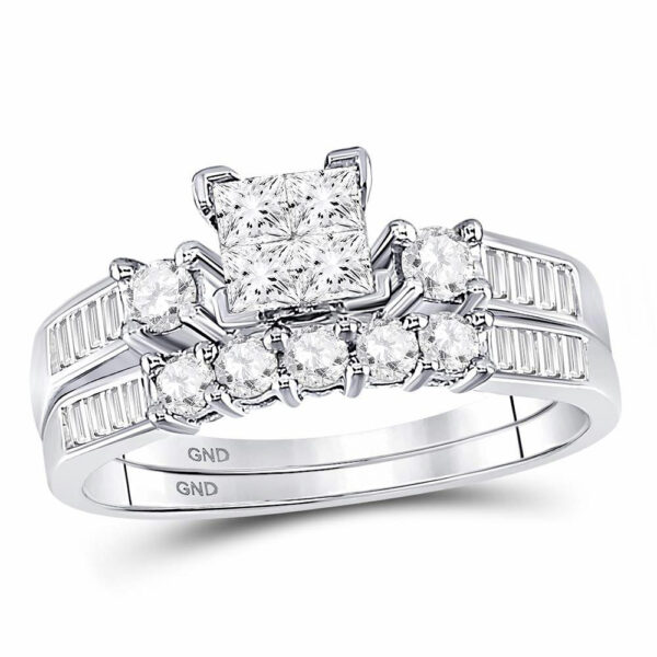 10kt White Gold Princess Diamond Bridal Wedding Ring Band Set 7/8 Cttw