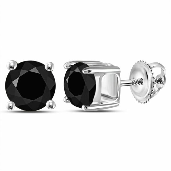 14kt White Gold Unisex Round Black Color Enhanced Diamond Solitaire Stud Earrings 2 Cttw