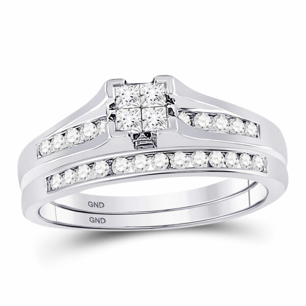 10kt White Gold Princess Diamond Bridal Wedding Ring Band Set 1/2 Cttw