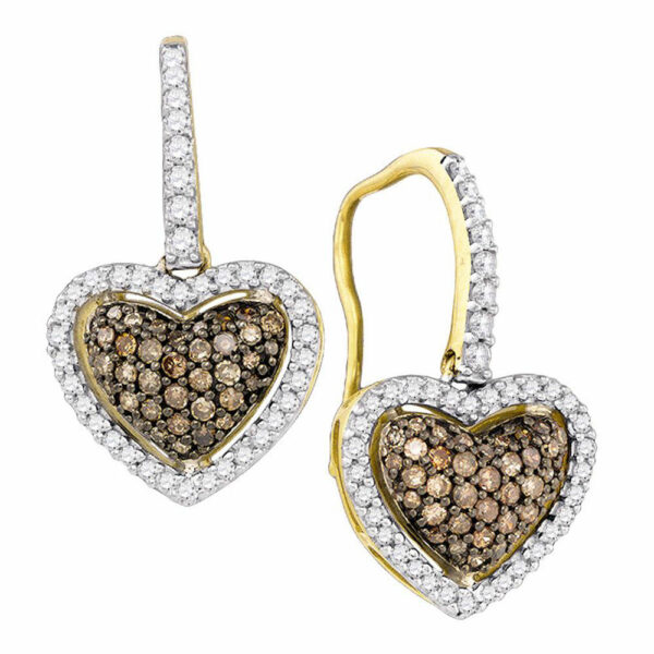 10kt Yellow Gold Womens Brown Diamond Heart Dangle Earrings 5/8 Cttw